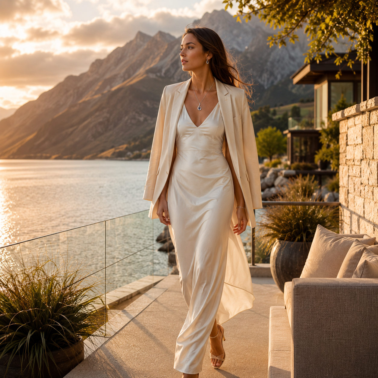 Woman wearing Kora sapphire pendant by the lake at sunset